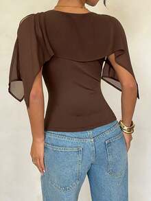 Siren Gaze 女士波西米亚风雪纺针织混纺露肩披肩上衣 - 棕色 - 查看 2