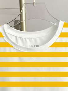 Women's Round Neck Striped Patch Casual Versatile Daily Wear Short Sleeve T-Shirt - White - View 3