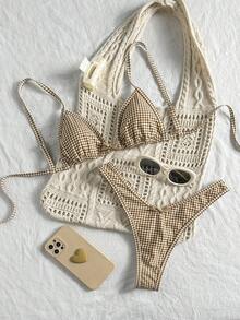 Swim Mod 女士随机红色格子细肩带可爱蝴蝶结两件套比基尼，夏季 - 彩色 - 查看 2