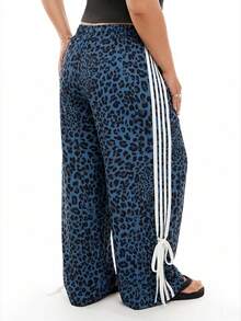 Solavibe 大码女式休闲时尚街头豹纹撞色条纹侧边宽松阔腿裤，适合运动、日常通勤 - 藍色 - 查看 5