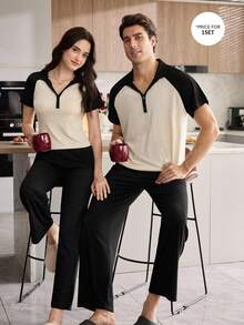 SHEIN CoupledUp Contrast Color Raglan Sleeve V-Neck Button-Up Short Sleeve Top And Wide Leg Pants Men's Loungewear Set - Black - View 5