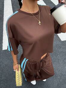 Muchica 休闲运动撞色条纹短袖T恤和长裤套装，清爽夏日 - 彩色 - 查看 3