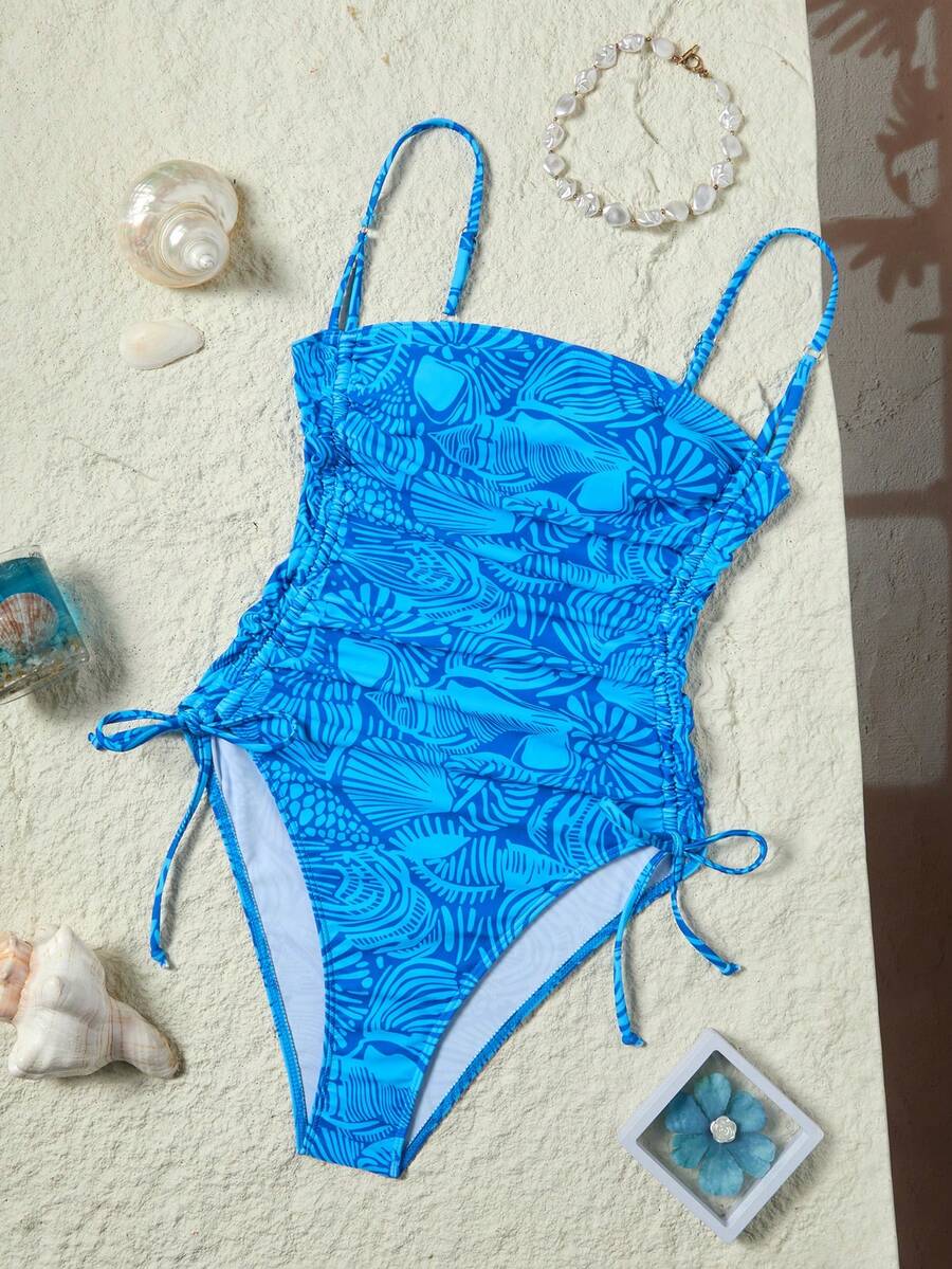 Swim Vcay 女款度假海灘派對印花布料一件式泳衣海灘罩衫 - 寶藍色 - 查看 1