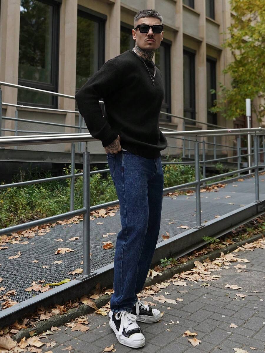 Artur Kramer ANDREILEE Men's Casual Pullover Sweater, Streetwear Style, Solid Color, Long Sleeve, Round Neck, Loose Fit, Short Length, Lightweight, Polyester, Suitable For Spring, Autumn And Winter