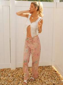 Sydney Algeri 女士新款时尚印花粉色直筒牛仔裤 - 粉色 - 查看 5