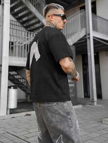 Artur Kramer 男士字母图案落肩T恤，秋季 - 黑色 - 查看 6