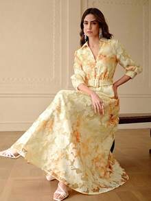 ZEYLAH Gaun Panjang Berkerah dengan Pinggang Ramping Jacquard, Elegan untuk Musim Semi/Panas - Kuning - View 6