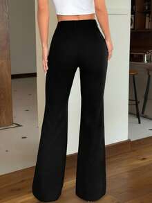 SHEIN PETITE CURVE 大码女式休闲纯色高腰喇叭裤，适合日常通勤 - 黑色 - 查看 4