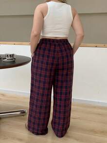 SHEIN PETITE CURVE 大码女式休闲格子印花抽绳腰宽松阔腿裤，适合日常通勤和上学穿着 - 彩色 - 查看 7