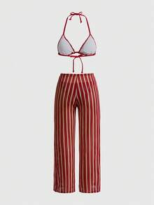 ROMWE Avant Bộ bikini dệt kim kẻ sọc gợi cảm 3 món - Áo tam giác + Quần cạp thấp + Quần ống rộng có thể điều chỉnh | Đồ bơi mùa hè phong cách retro đi biển - Đỏ - Xem 4