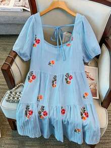 GlowEve CURVE Plus Size Women's Hot Selling Square Neck Elegant Embroidered Dress, Exquisite Embroidered Dress Suitable For Daily Commute And Outdoor Activities - Blue - View 2