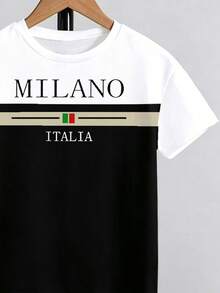 SHEIN 男童两件套服装，2026春夏新款休闲舒适撞色“MILANO ITALIA”字母图案T恤和短裤套装，适合春夏外出、休闲、度假穿着。 - 彩色 - 查看 6
