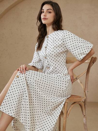 Aveloria Rosie Spring/Summer Black & White Polka Dot Print Elegant Casual Fitted Flared Hem Round Neck Lantern Sleeve Maxi Dress, French Retro Romantic Modern Graceful Casual Party Commute Date Holiday Versatile