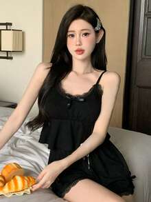 DAZY Lace Trimmed Bowknot Decorated Ruffle Hem Cami Top & Shorts Pajama Set - Black - View 3