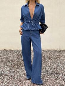 DAZY Bộ đồ denim cổ chữ V thắt eo màu xanh dương bằng vải cotton dành cho nữ, thích hợp cho mùa xuân và mùa hè. - Màu xanh lam - Xem 8