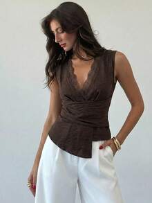 Aloruh New Minimalist Fashion Commuter Lace Patchwork Waist Ruched Asymmetric V-Neck Pullover Blouse - Brown - View 7
