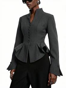 LYSMO Áo blazer nữ dáng ôm màu xám đậm thanh lịch, tối giản, dành cho mùa xuân/hè 2026, thích hợp mặc đi làm, có thể mặc như áo blazer, áo sơ mi, đồng phục công sở/trang phục công sở thường ngày. - Màu xám đen - Xem 4