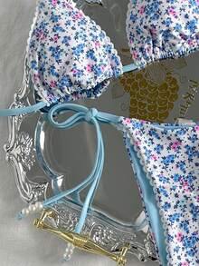 SHEIN Swim Mod 2026春夏女士两件式泳衣套装，碎花图案，时尚清新甜美，简约修身，适合温泉度假比基尼穿着 - 彩色 - 查看 3