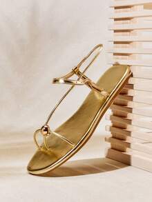 SHUZIA Hot Chic Women's Gold Sandal Square Toe Buckle Strap Gold Decor Spring Summer Holiday Comfortable Vacation Shoes - Gold - View 3