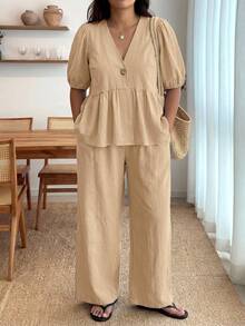 Enliva Plus-Size Women's Ruffled Puff Sleeve Two Pieces Set, V-Neck Cardigan Top And Stretch Waist Trousers Set - Khaki - View 5