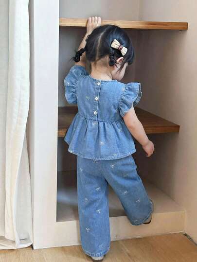 2件套女婴白色蝴蝶结装饰蓝色牛仔宽松上衣和裤子套装