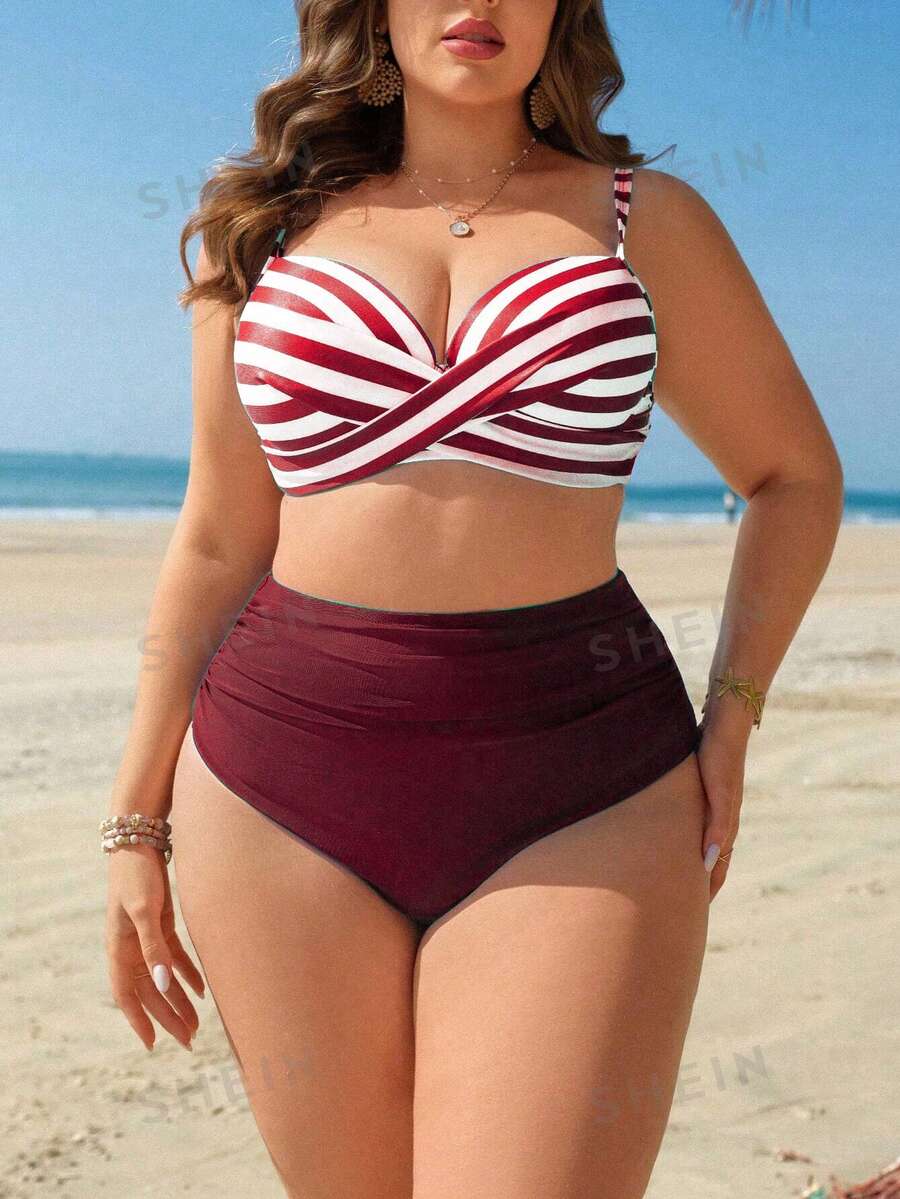 Swim Lushoire Bộ đồ bơi nữ cỡ lớn gồm áo tankini in sọc có đệm mút và quần cạp cao xếp ly, thích hợp cho mùa hè đi biển và nghỉ mát. - Đỏ và trắng - Xem 1