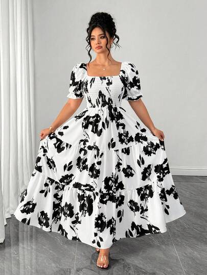 Elenzga Đầm nữ cỡ lớn thanh lịch cổ vuông họa tiết hoa nhí eo cao xếp nếp