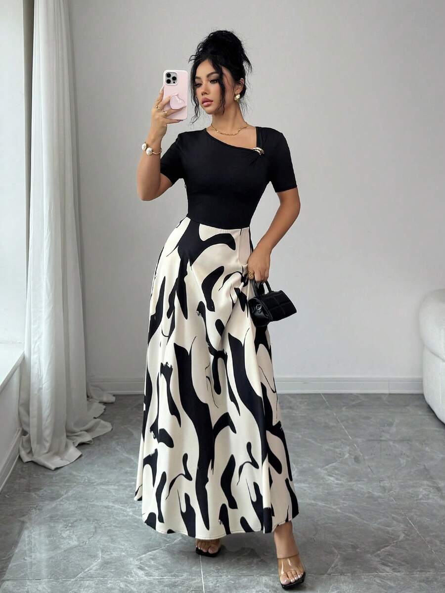 Elenzga Women's V-Neck Waist Cinched A-Line Dress With Abstract Black & White Pattern And Metal Buckle Decor, Elegant For Daily, Vacation, Retro French Style, Commute, Valentine's Day Date, Street Style, Party, Early Spring/Spring Summer - Multicolor - View 1