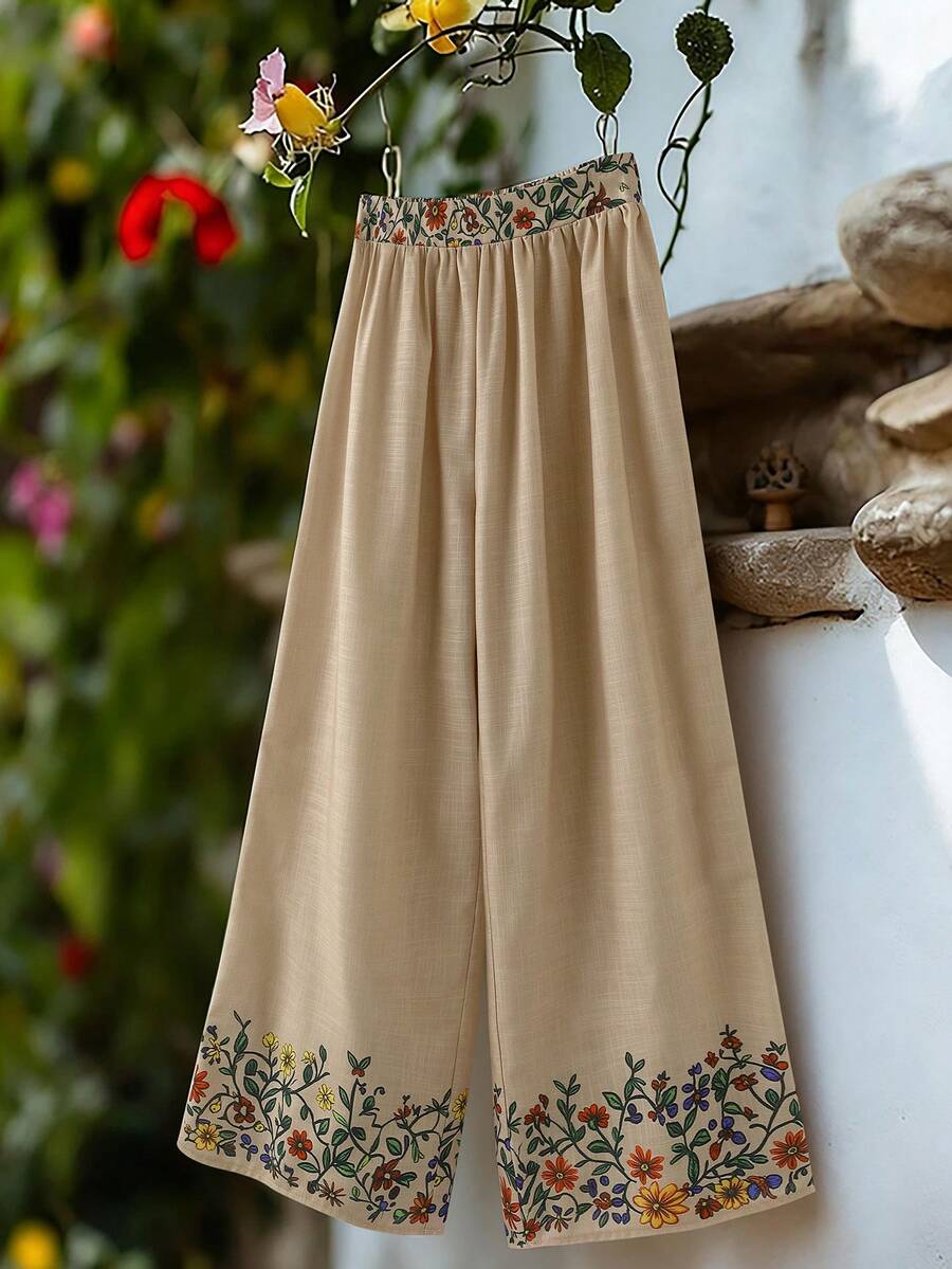 SHEIN Franclia Quần nữ thời trang đi nghỉ mát, chất liệu tre, in họa tiết thanh lịch. - Màu Khaki - Xem 1