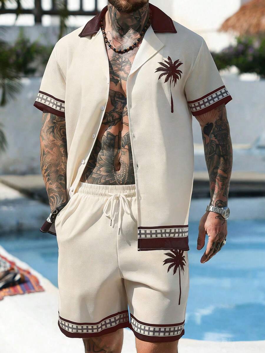VENTUSAIL Herren Kokosnussbaum Muster Einfachknopf Kurzarm Hemd und Shorts Casual Tagesanzug - Rostbraun - Übersicht 1