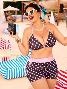 Swim Mod 2026新款大码泳装系列，波点印花蝴蝶结装饰V领吊带背心和系带短裤三件套比基尼泳衣，春夏波点比基尼度假风棕色波点比基尼泳裤 - 彩色 - 查看 5