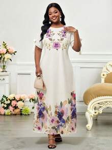 SHEIN Lady Elegantes Blume Muster Kleid mit Schlitz und Twist-Ärmeln für Damen in Große Größen, locker für den Urlaub - Pink - Übersicht 4