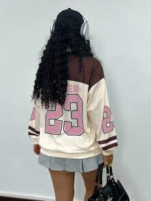 Rovax Women's Casual V-Neck Oversized Long Sleeve Letter Print Sweatshirt, Autumn - Pink - View 2
