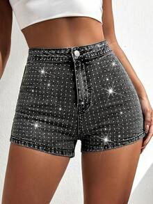 SHEIN ICON Trang phục mùa hè: Quần short denim bó sát cạp cao - màu đen - Xem 4