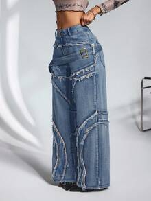 SHEIN PETITE Calça jeans feminina de perna reta e perna larga - Azul - Ver 3