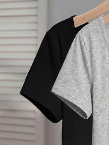 SHEIN EZwear 两件套女士方领短袖休闲修身性感T恤，适合秋冬季街头穿搭，黑色和灰色 - 彩色 - 查看 4