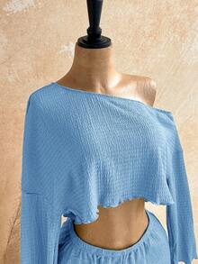 SHEIN WYWH Women's Summer Solid Color Asymmetric Neck Long Sleeve Top & Shorts 2-Piece Set - Baby Blue - View 5