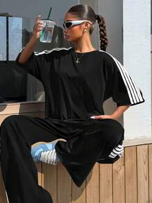 SHEIN Muchic 2pcs/Set Plus Size Contrast Color Block Round Neck Short Sleeve Top And Pants - Black and White - View 7