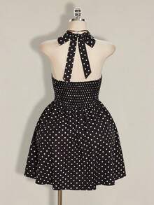 SHEIN ICON Đầm chấm bi hở lưng buộc dây phía trước dành cho nữ cỡ lớn, thích hợp cho kỳ nghỉ hè ở bãi biển, thích hợp cho kỳ nghỉ ngắn ngày. - Đen và trắng - Xem 2
