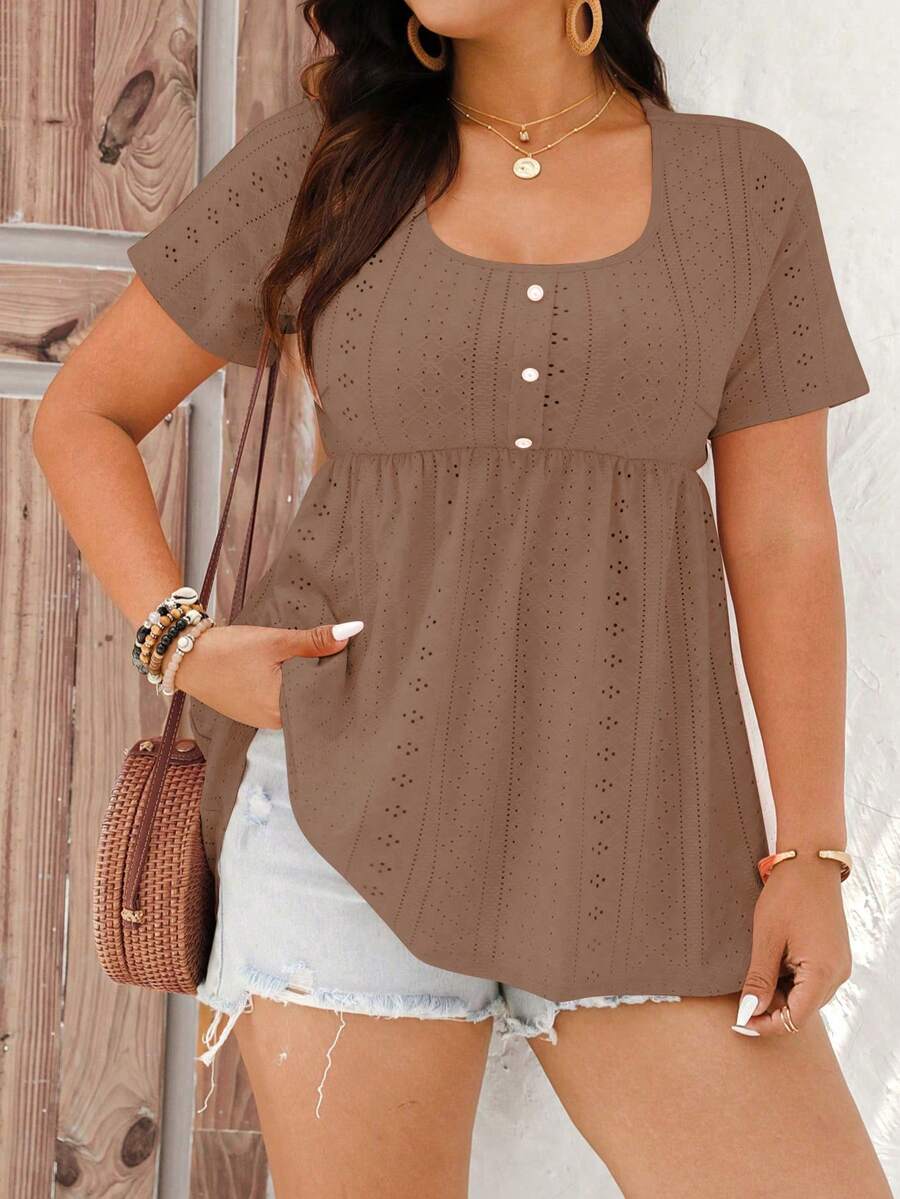 EMERY ROSE 大码女式纯色褶皱休闲百搭日常短袖T恤 - 棕色 - 查看 1