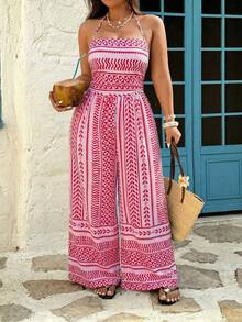SHEIN SunnyBelle Bộ áo liền quần nữ họa tiết hình học phong cách Bohemian, áo liền quần không tay ống rộng mùa hè. - Hồng - Xem 7