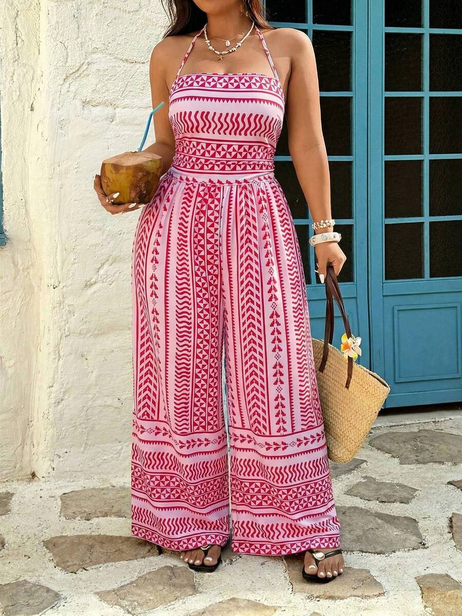 Sunnyshic Bộ áo liền quần nữ họa tiết hình học phong cách Bohemian, áo liền quần không tay ống rộng mùa hè. - Hồng - Xem 1
