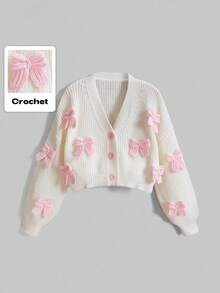 ROMWE Kawaii Áo khoác cardigan dệt kim nơ 3D dễ thương Himekaji dành cho nữ cỡ lớn, thích hợp cho mùa đông. - Màu be - Xem 6