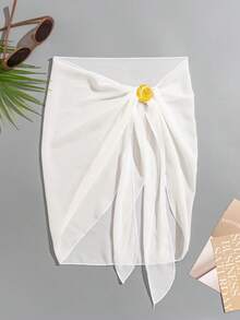 Women Solid Color Side Tied Chiffon Sarong Skirt, Summer - White - View 3