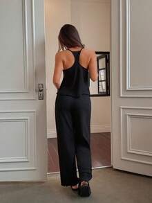 Dream Adore European & American Style Sexy Backless V-Neck Frill Trim Button Decor Camisole Pajama Set - Black - View 2
