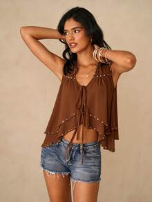Glamine Kemeja Dekoratif Berkerut Aprikot, Hitam dan Perak, Musim Panas, Boho, Liburan, Kemeja Wanita Resor Pantai dengan Dekorasi Paku Keling dan Ikatan Depan, Elegan dan Modis - Coklat - View 6