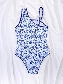 SHEIN 女童撞色滚边连体泳衣，撞色贝壳装饰，不对称肩部设计，适合夏季度假、圣诞节、节日、新年、情人节等场合，高腰泳衣套装，度假两件套，蓝色碎花泳衣，夏季两件套，蓝色雏菊泳衣，单肩比基尼，青少年泳装，蓝色雏菊学院风两件套 - 藍色 - 查看 3