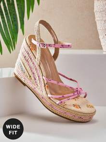 SHUZIA 宽楦女士优雅可爱印花踝带坡跟草编鞋 - 粉色 - 查看 5