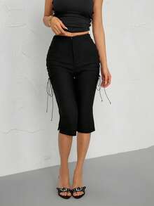 SHEIN PETITE Quần lửng buộc dây bên hông, phong cách mùa hè Y2K thập niên 90, dễ thương, gợi cảm, thích hợp cho kỳ nghỉ, thanh lịch, lễ hội Ibiza, câu lạc bộ, tiệc tùng, mùa xuân. - màu đen - Xem 6