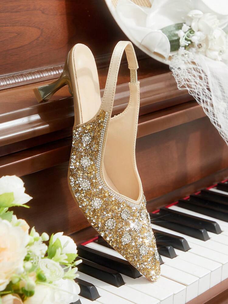 CUCCOO HITCHD Women Shoes Women's Fashion Pointed Gold Metal Material Round Bead Rhinestone Sexy Sequins Evening Dress Wedding Party Slip-On High Heels Shoes